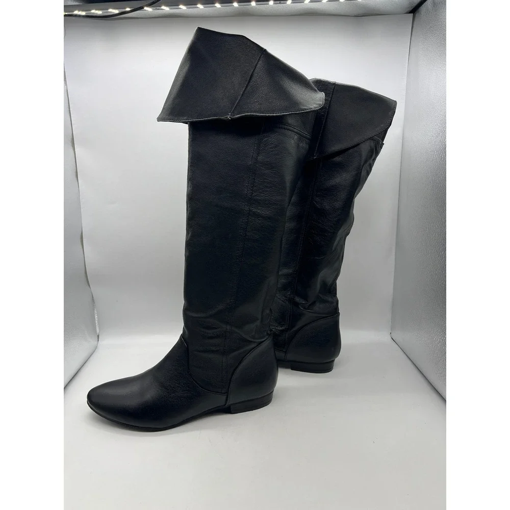 Chinese Laundry Fold Over Knee High Boots Black Faux Leather Size 10 Moto Riding